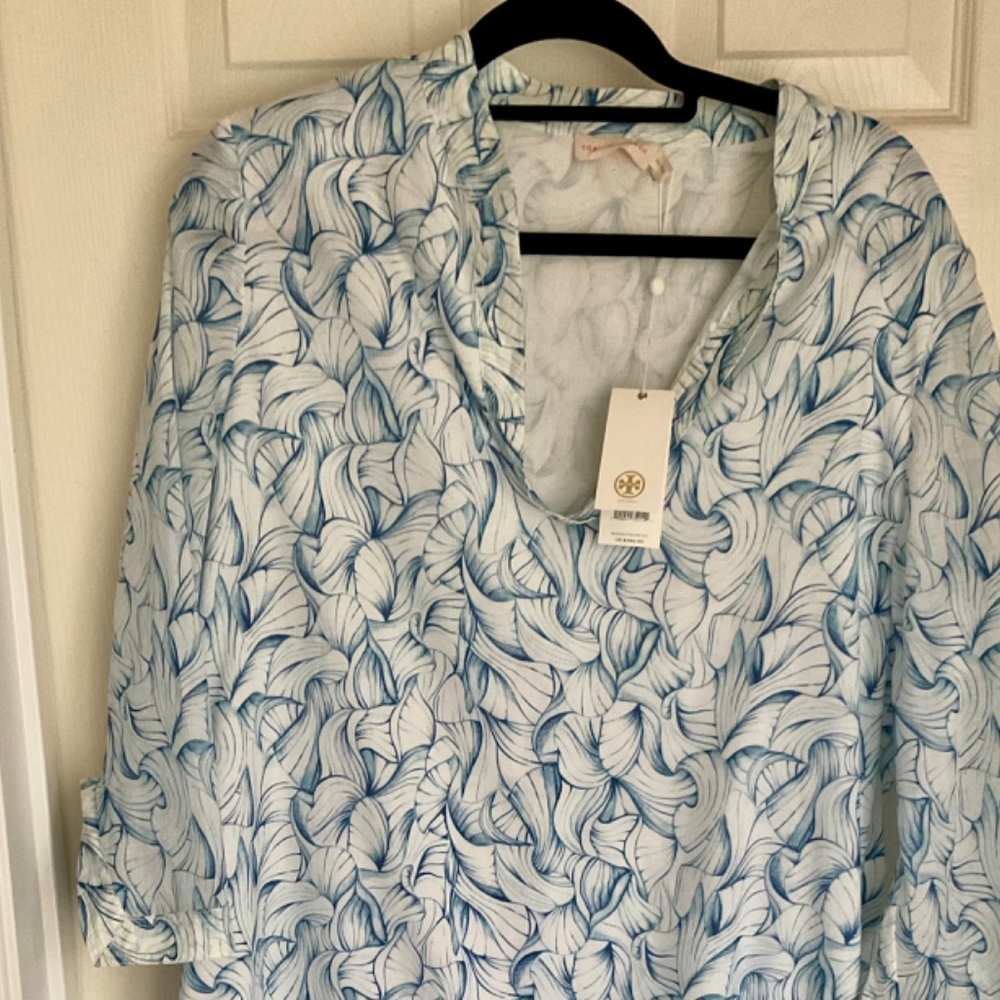 Tory Burch Blue and White Leaf-Print Tunic Dress